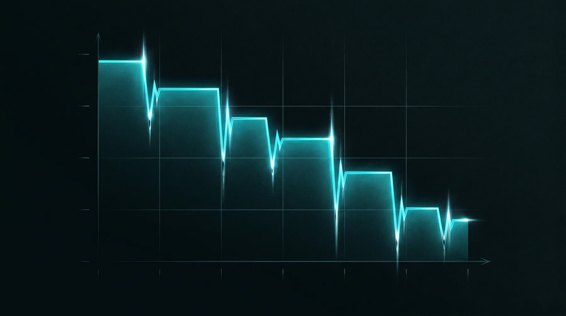 Technical illustration of an OTDR trace graph showing a descending staircase pattern with reflective spikes at splice and connector points, rendered in glowing cyan against a dark background