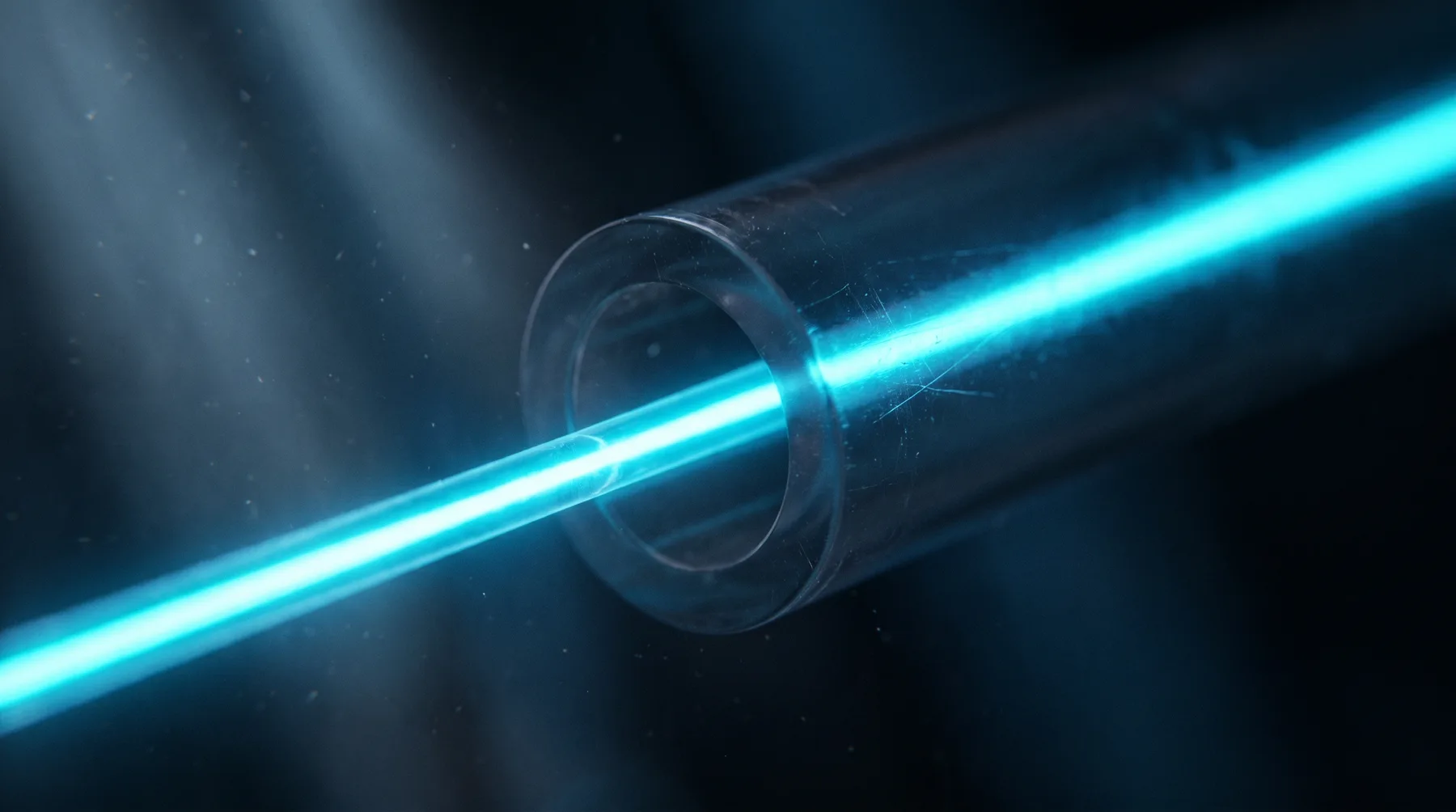 Macro photograph of light traveling through the core of a single optical fiber strand, glowing cyan against a dark background