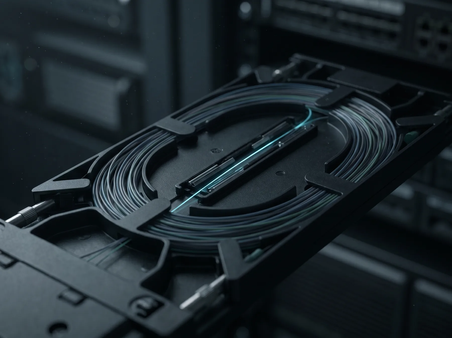 Close-up photograph of a fusion splice tray with coiled fiber strands, one strand highlighted with a glowing cyan trace